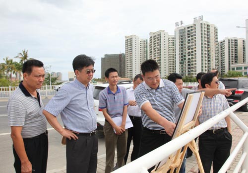 项目总经理张峰向吴岩峻（左二）汇报槟榔河项目工作情况